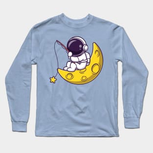 Astronaut Fishing Star On Moon Cartoon Long Sleeve T-Shirt